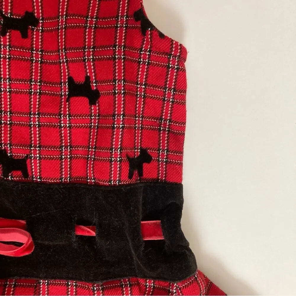 Samantha Says Red Tartan Plaid Velvet Scottie Dogs Button Back Tie Formal Dress